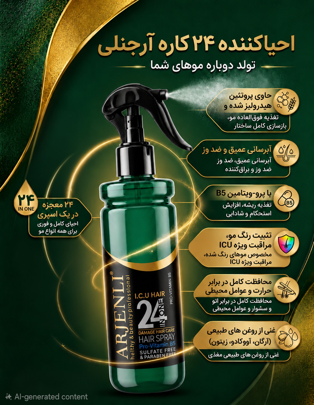 اسپری احیاکننده ۲۴ کاره مو آرجنلی فاقد سولفات مخصوص تثبیت رنگ مو